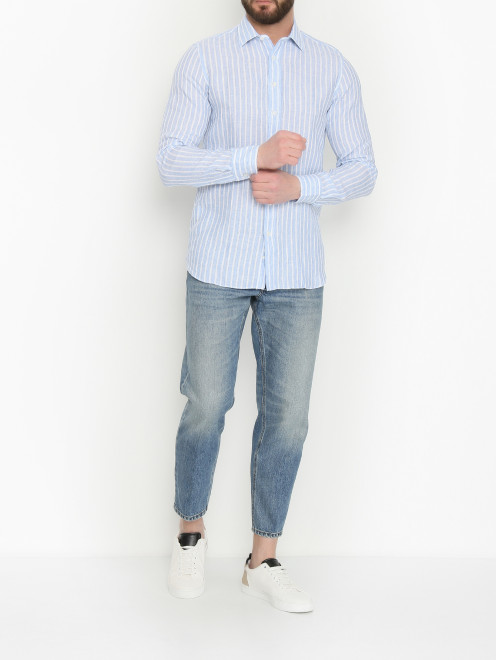 Рубашка из льна с узором полоска LARDINI - МодельОбщийВид