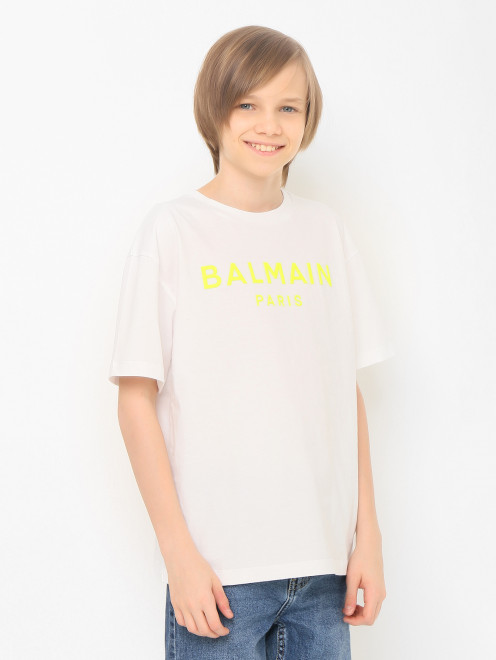 Хлопковая футболка декорированная принтом BALMAIN - МодельВерхНиз