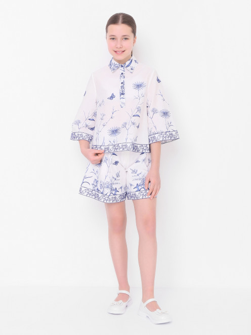 Хлопковая блуза с цветочным узором Elie Saab - МодельОбщийВид
