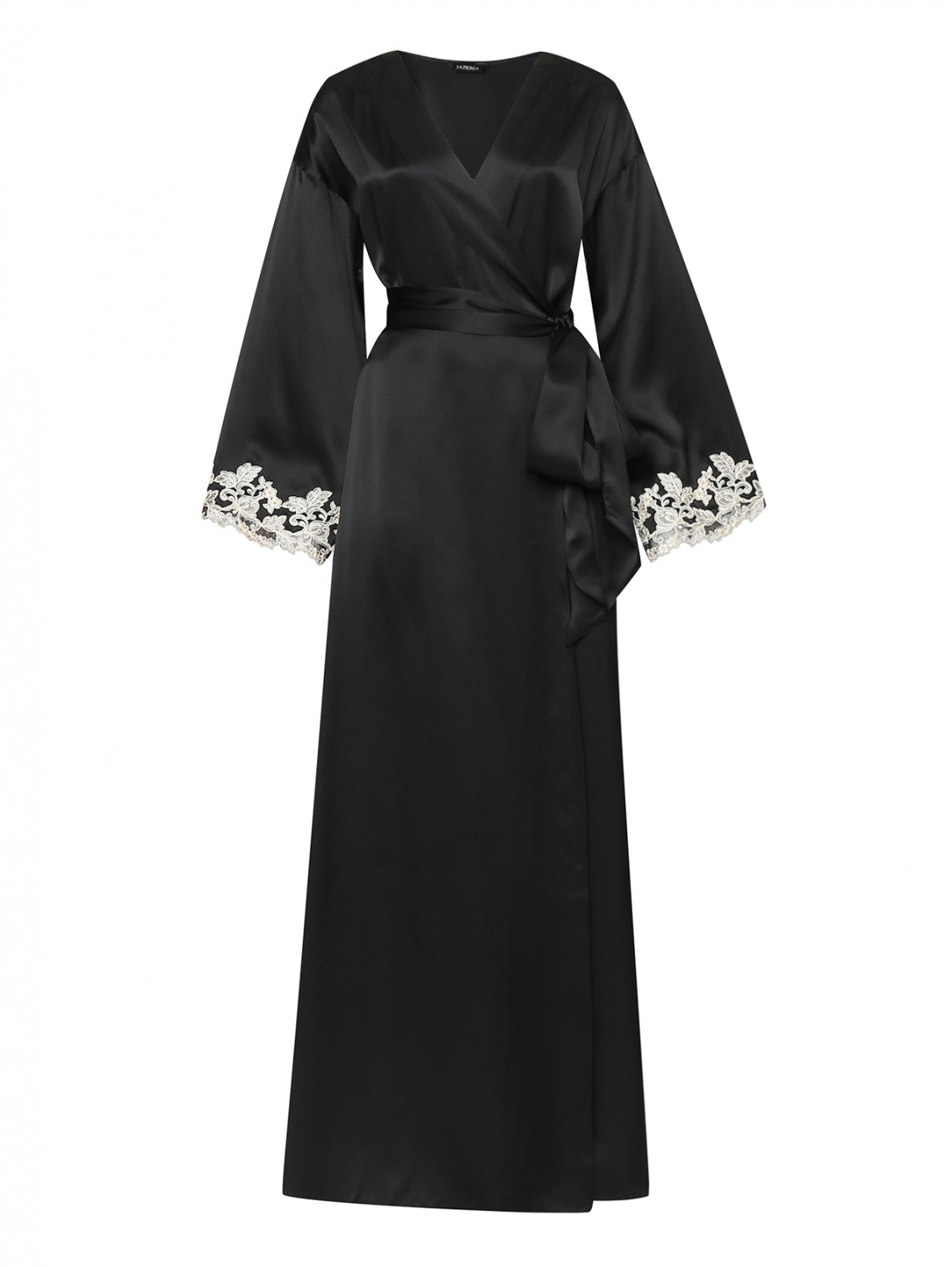 La Perla черный длинный халат из шелка декорированный кружевом (577003).Цена: 202 400 ₽