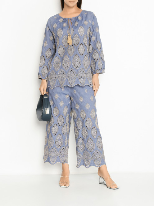 Блуза свободного кроя из хлопка с вышивкой ришелье Marina Rinaldi - МодельОбщийВид