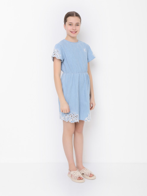 Платье из денима с шитьем Ermanno Scervino Junior - МодельВерхНиз