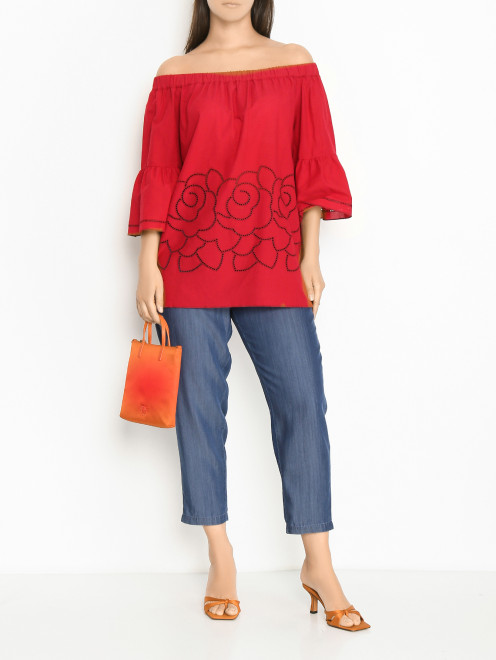 Блуза свободного кроя из хлопка с вышивкой ришелье Persona by Marina Rinaldi - МодельОбщийВид