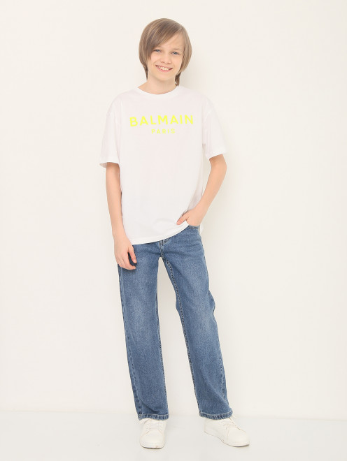 Хлопковая футболка декорированная принтом BALMAIN - МодельОбщийВид