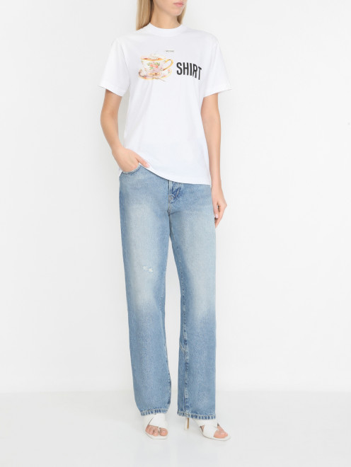 Футболка из хлопка с принтом Moschino - МодельОбщийВид