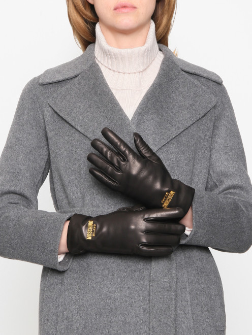 Перчатки из гладкой кожи с логотипом Moschino - МодельОбщийВид
