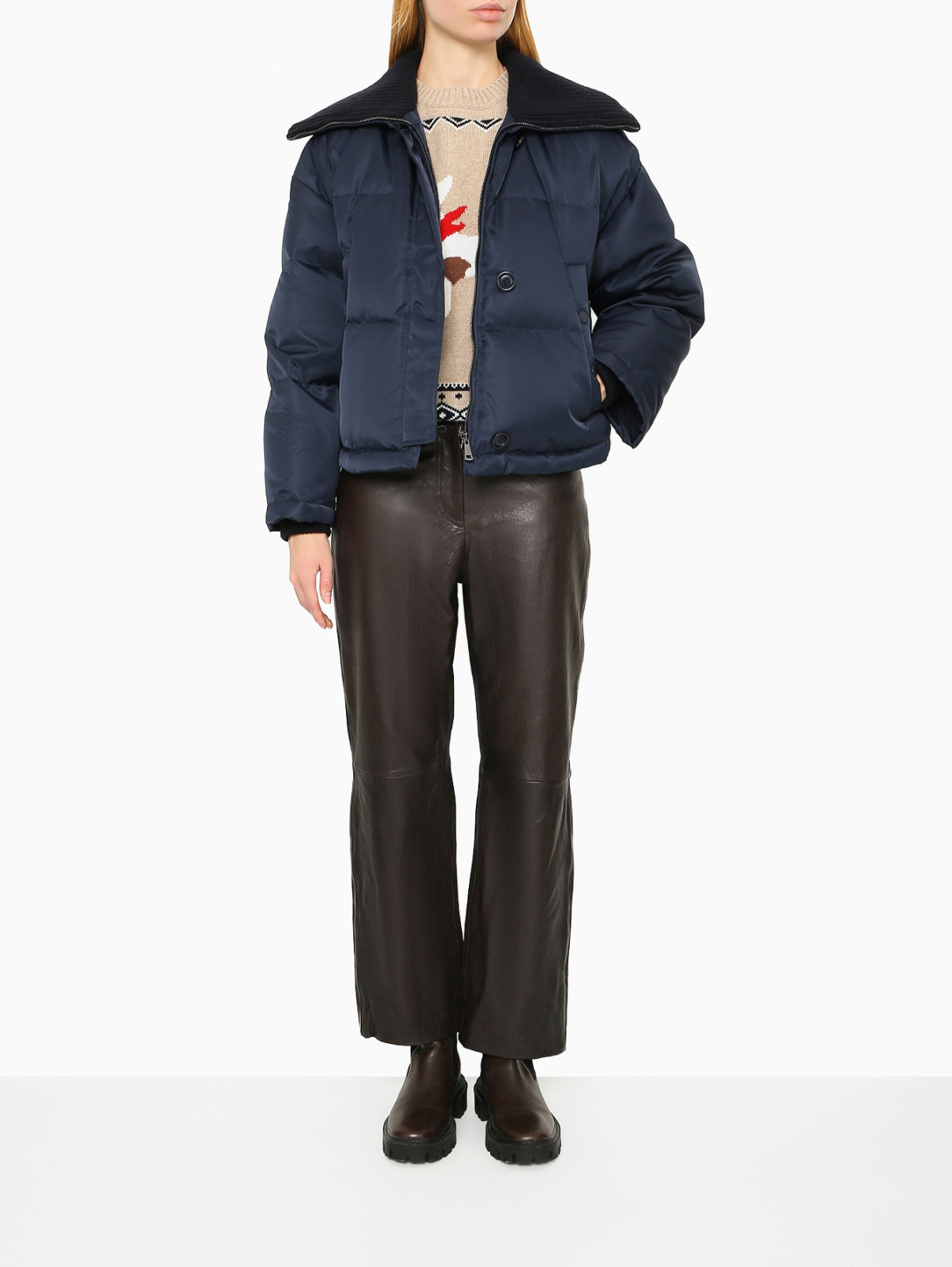 Weekend Max Mara синяя стеганая куртка с вязаным воротником