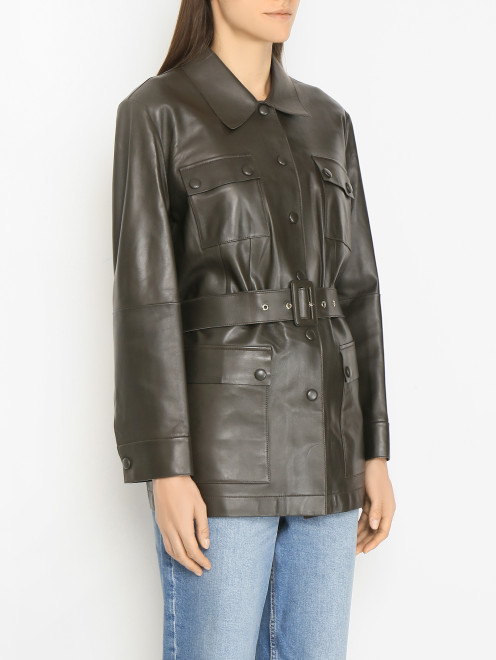 Кожаная куртка-жакет с накладными карманами и поясом Luisa Spagnoli - МодельВерхНиз